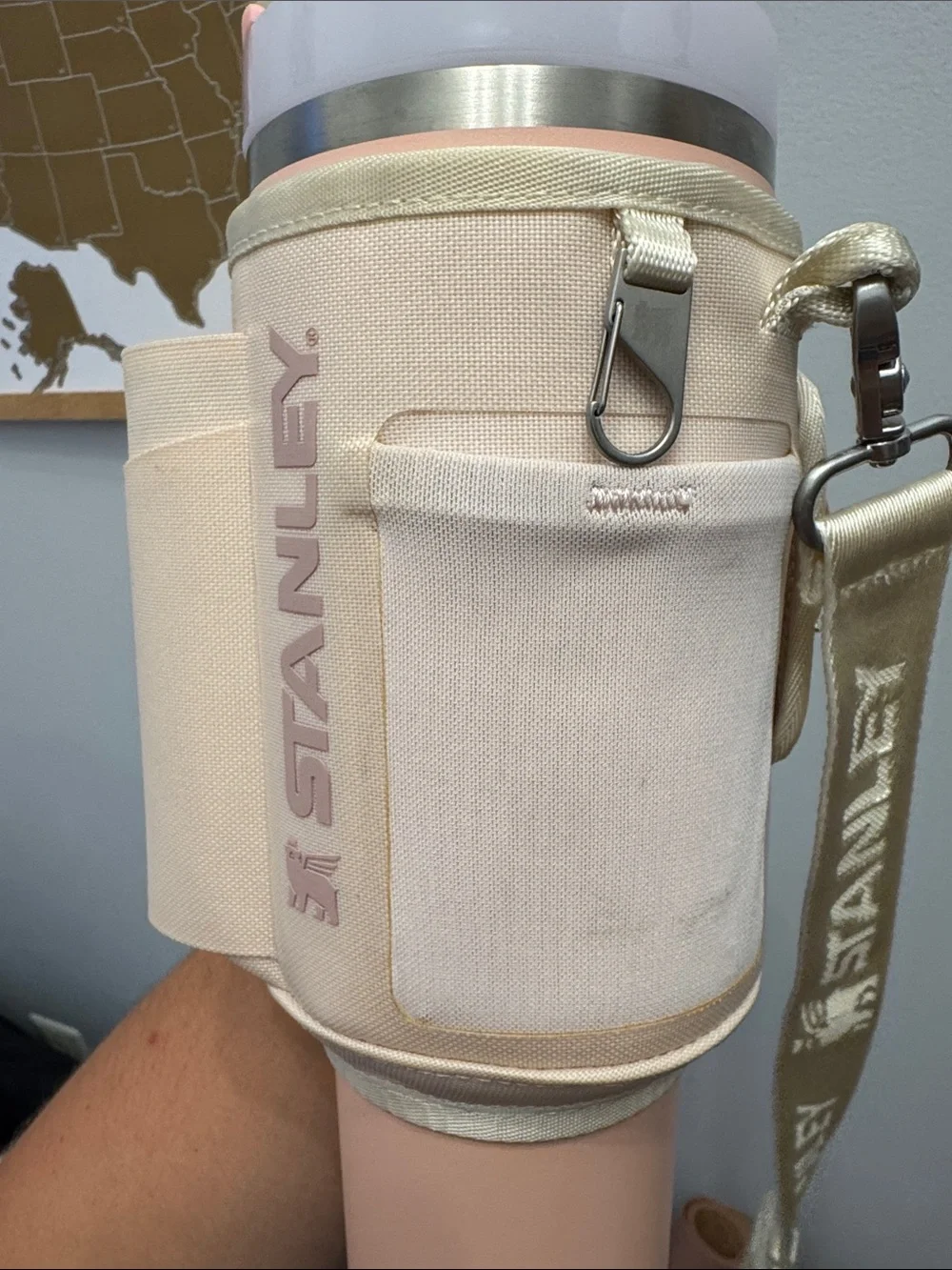 Stanley Cream and Pink Crossbody Bottle Carrier with Adjustable Strap